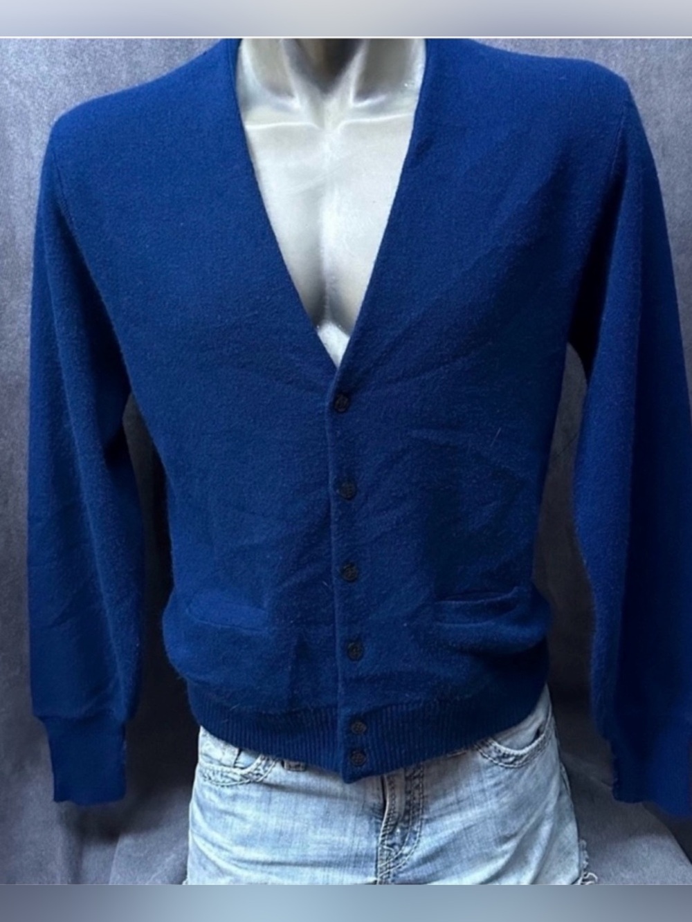 Vintage grandpa sweater cardigan blue w/ pockets XL